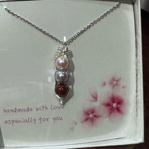 Elegant Silver Pea Pod Necklace with Pink, White, and Red Pearls